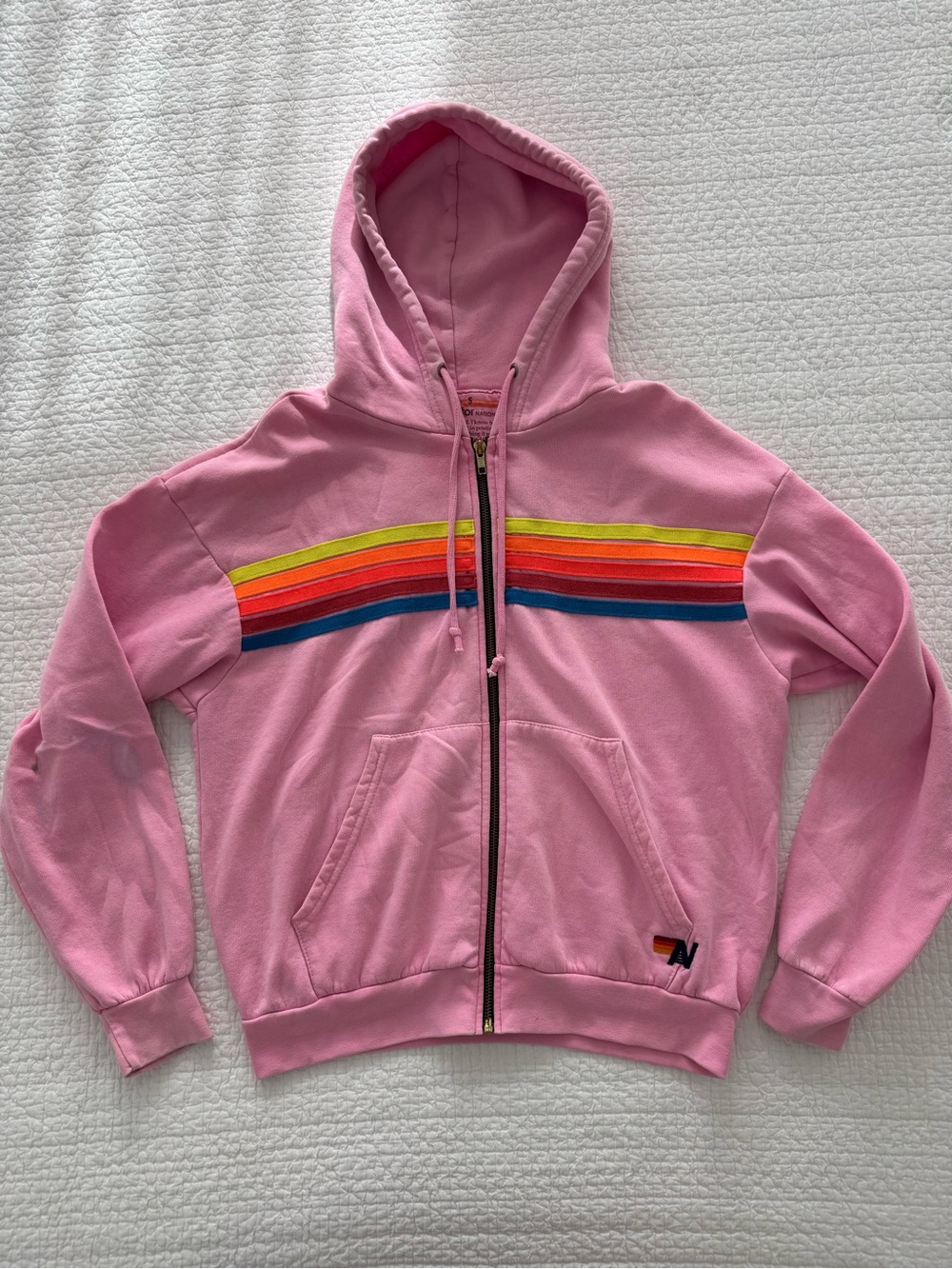 Aviator Nation Pink Zip Hoodie with Rainbow Chest Stripes